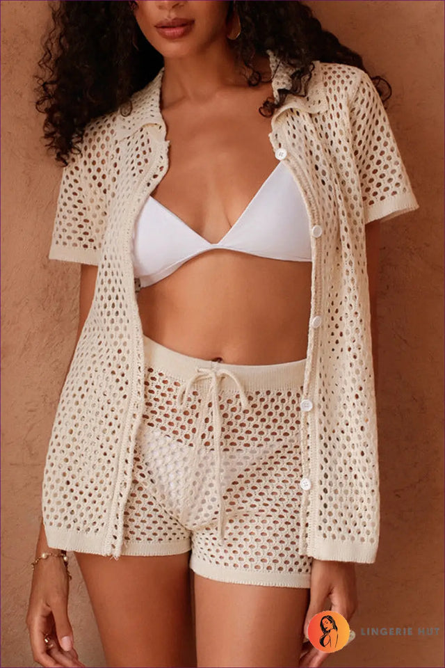 Crochet Cover-Up Set with Button-Front Cardigan - Beach Ready
