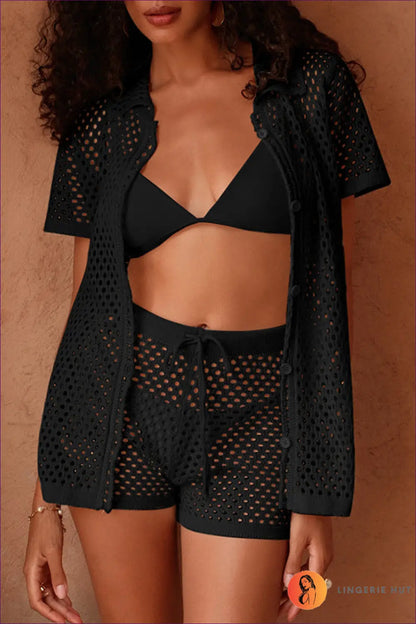 Crochet Cover-up Set with Button-front Cardigan - Beach Ready - s / Black - Beachwear • Boho • co Ord • Cover Up