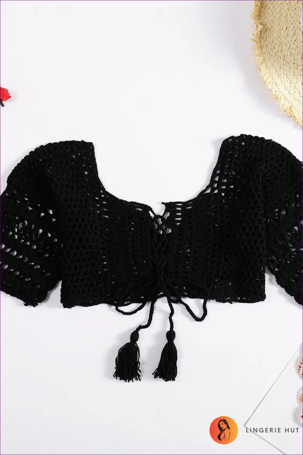 Crochet Crop Top with Lace-up Front - Effortless Boho Vibes - s / Black - Clothing Tops - Lingerie Hut - Casual • Cutout