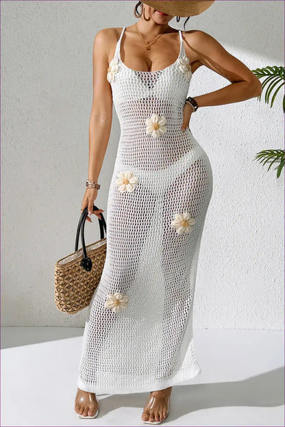 Crochet Dress with Floral Appliqué - Handcrafted Romance - Dresses - Lingerie Hut - Boho • Cotton