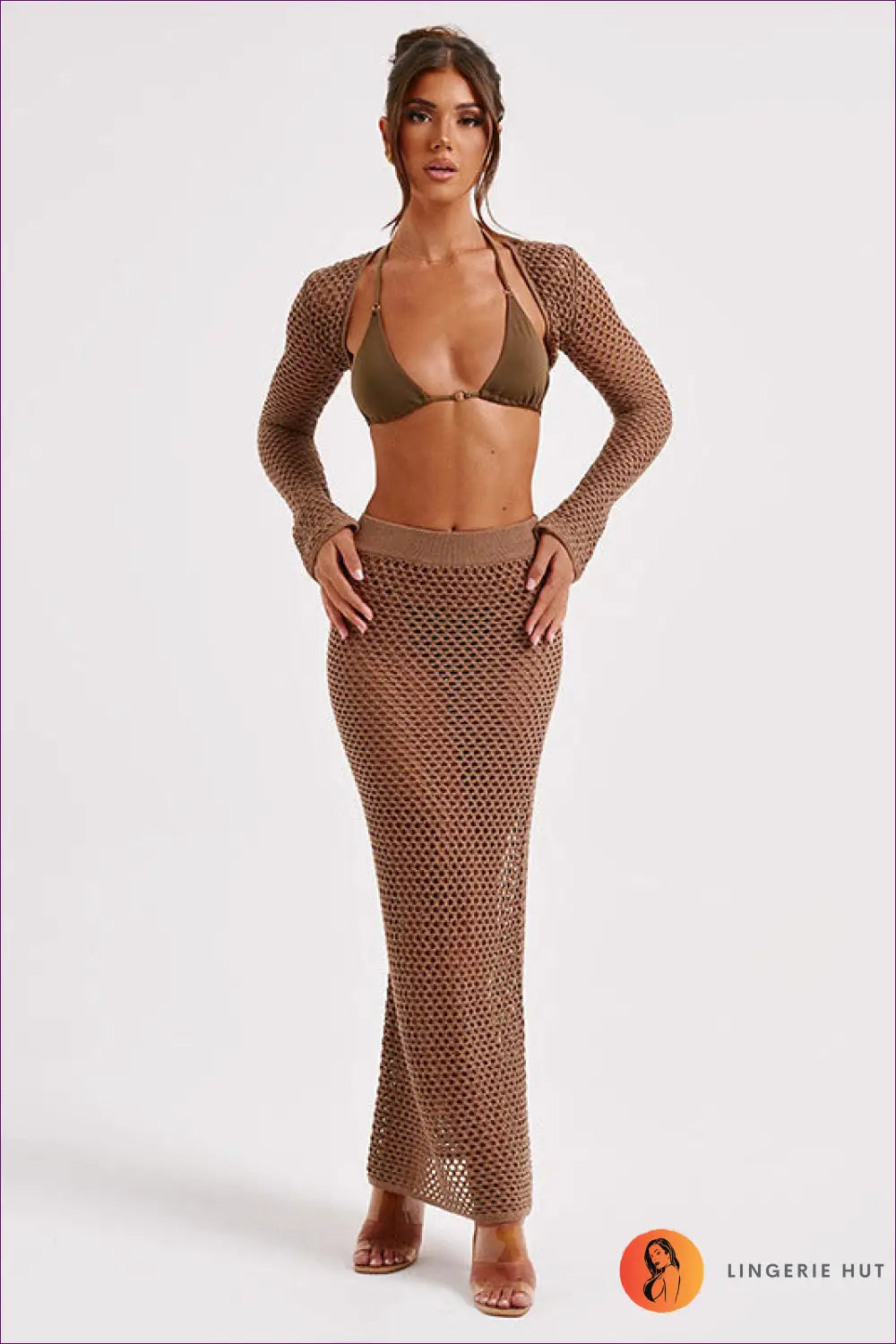 Crochet Fishnet Skirt Set with Cropped Bolero - Barefoot Luxe - s / Brown Two-piece - Loungewear - Casual • Everyday