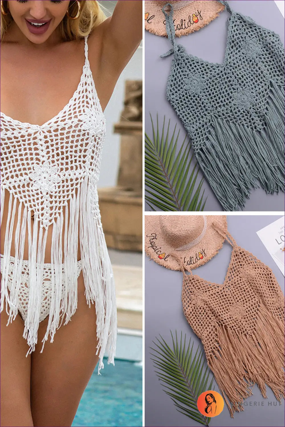 Crochet Fringe Bikini Set with Floral Detail - Poolside Ease - one Size / Khaki - Beachwear • just in • Sexy • Summer