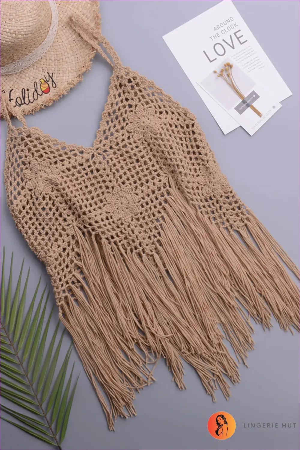 Crochet Fringe Bikini Set with Floral Detail - Poolside Ease - one Size / Khaki - Beachwear • just in • Sexy • Summer