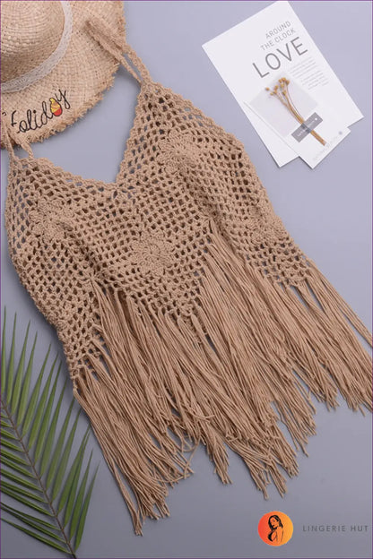 Crochet Fringe Bikini Set with Floral Detail - Poolside Ease - one Size / Khaki - Beachwear • just in • Sexy • Summer