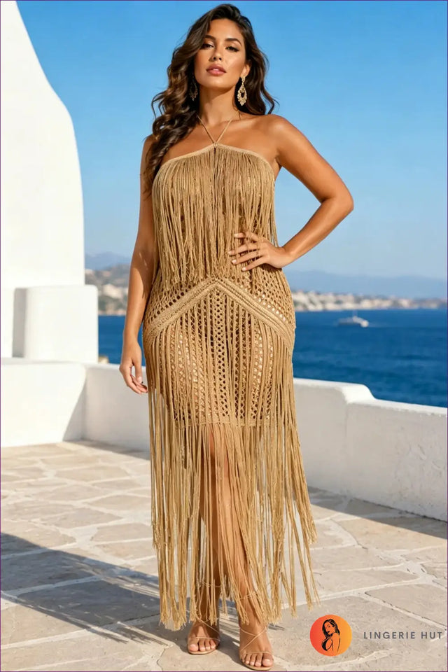 Crochet Fringe Halter Dress with Open-Knit Skirt - Island Evenings
