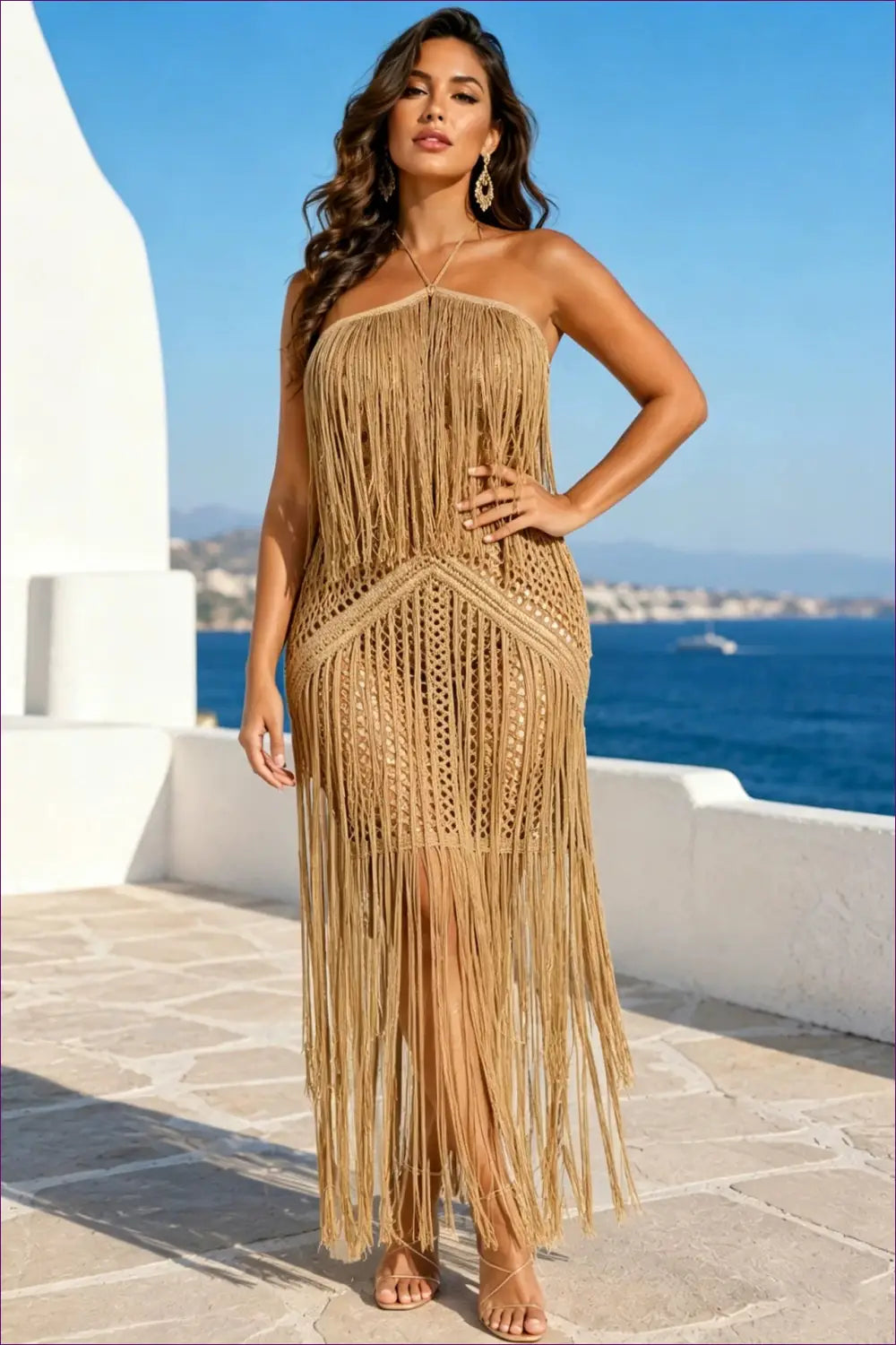 Crochet Fringe Halter Dress with Open-knit Skirt - Island Evenings - Dresses • Glamour • just in - Lingerie Hut