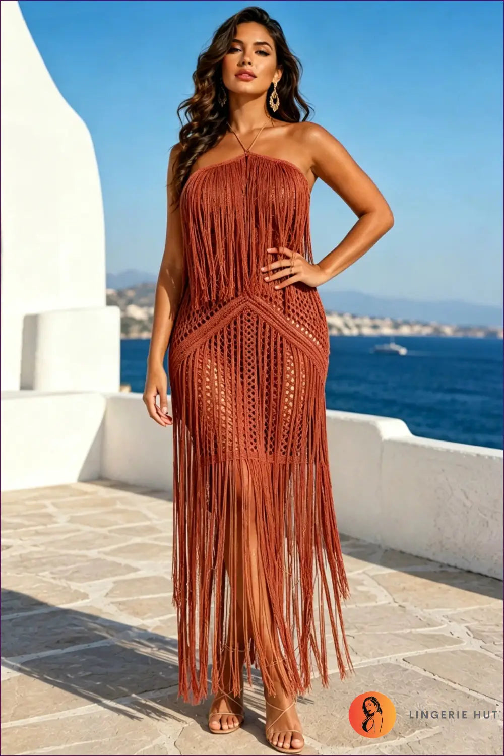 Crochet Fringe Halter Dress with Open-knit Skirt - Island Evenings - s / Brick Red - Dresses • Glamour
