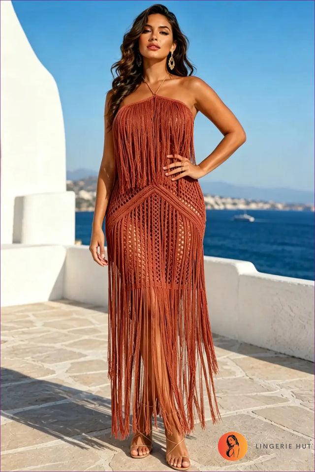 Crochet Fringe Halter Dress with Open-Knit Skirt - Island Evenings