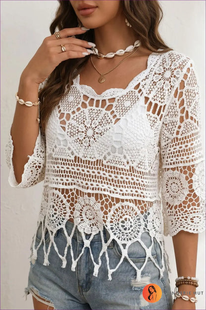 Crochet Fringe Top with Scalloped V-neck - Boho Beach Days - one Size / White - Mangar