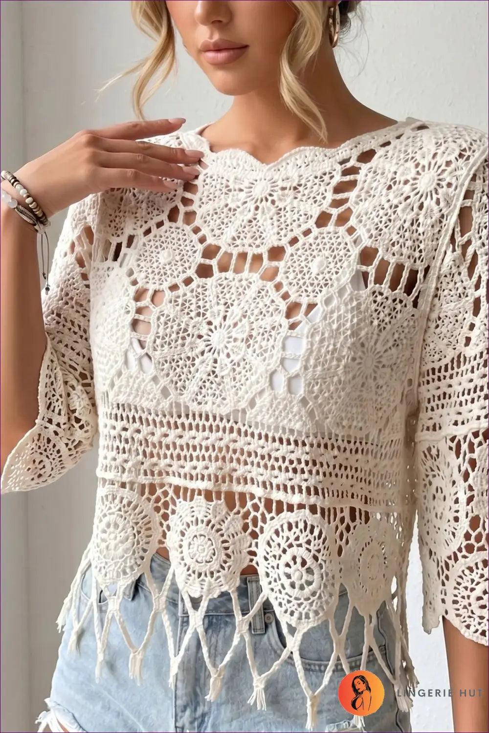 Crochet Fringe Top with Scalloped V-neck - Boho Beach Days - one Size / Ivory - Mangar