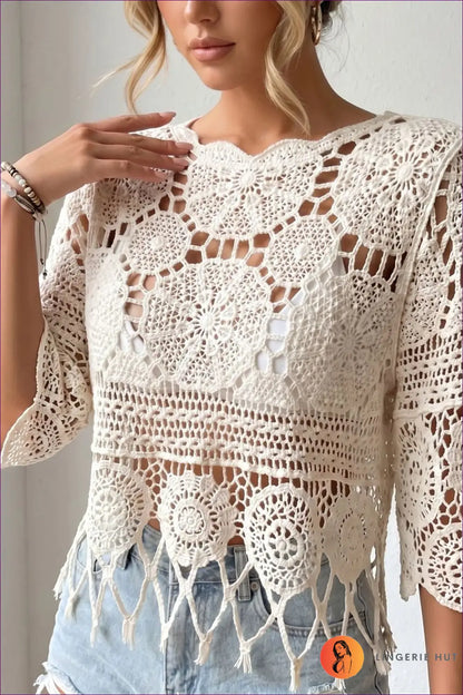 Crochet Fringe Top with Scalloped V-neck - Boho Beach Days - one Size / Ivory - Mangar