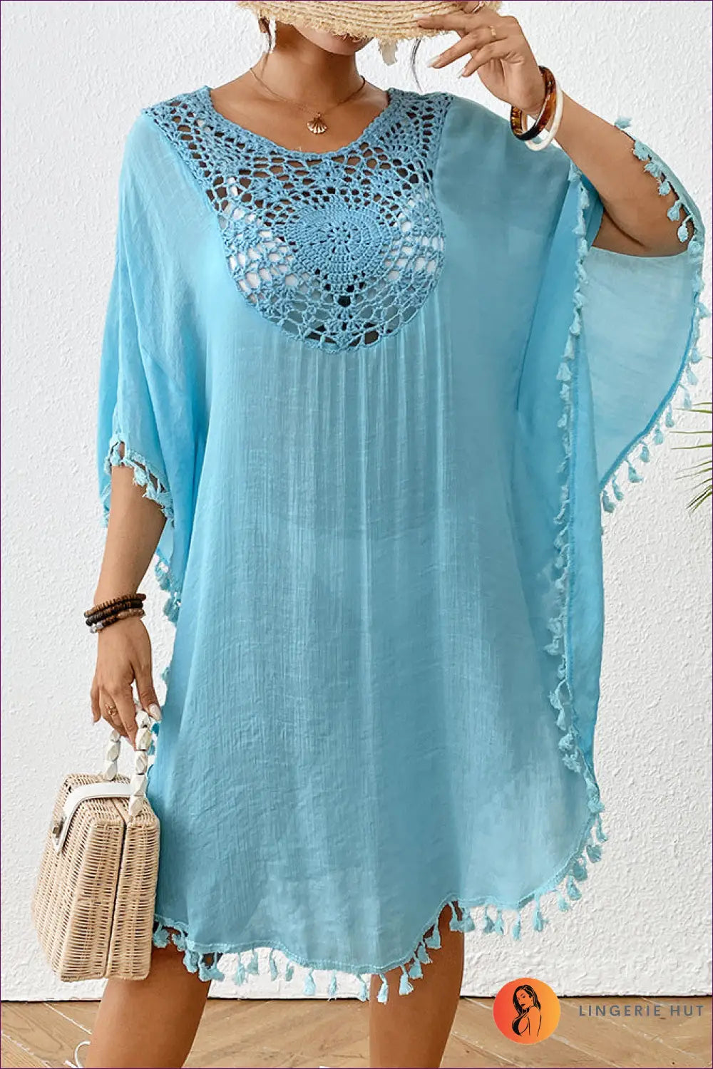 Crochet Kaftan Dress with Tassel Trim - Boho Escape - one Size / Light Blue 2395 - Beachwear • Casual • Cover Up
