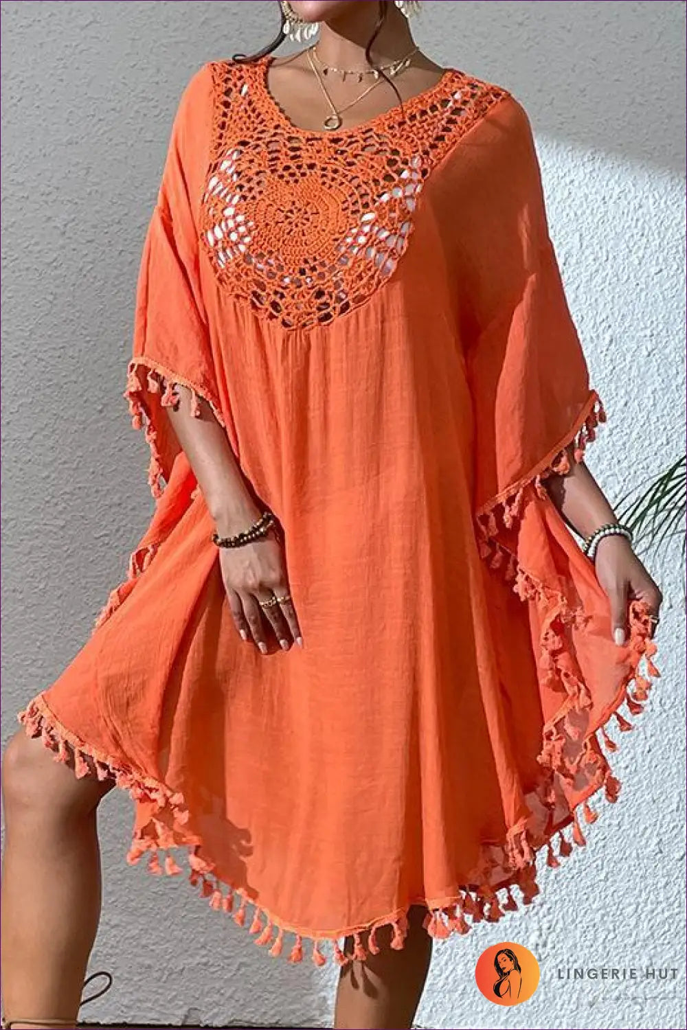Crochet Kaftan Dress with Tassel Trim - Boho Escape - one Size / Orange - Beachwear • Casual • Cover Up • Dresses