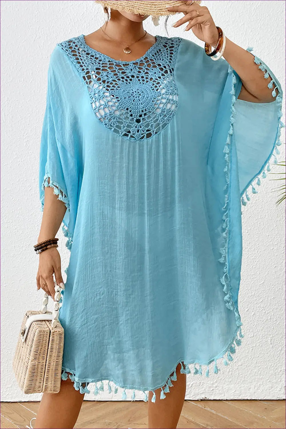 Crochet Kaftan Dress with Tassel Trim - Boho Escape - Beachwear • Casual • Cover Up • Dresses - Lingerie Hut