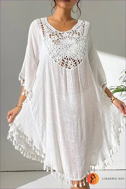 Crochet Kaftan Dress with Tassel Trim - Boho Escape - one Size / White - Beachwear • Casual • Cover Up • Dresses