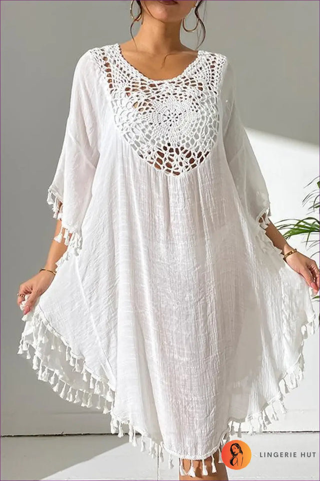 Crochet Kaftan Dress with Tassel Trim - Boho Escape