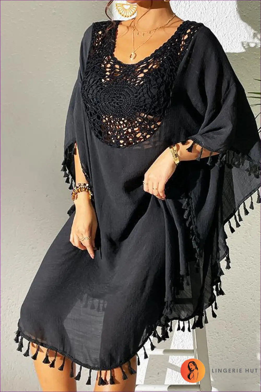 Crochet Kaftan Dress with Tassel Trim - Boho Escape - one Size / Black - Beachwear • Casual • Cover Up • Dresses