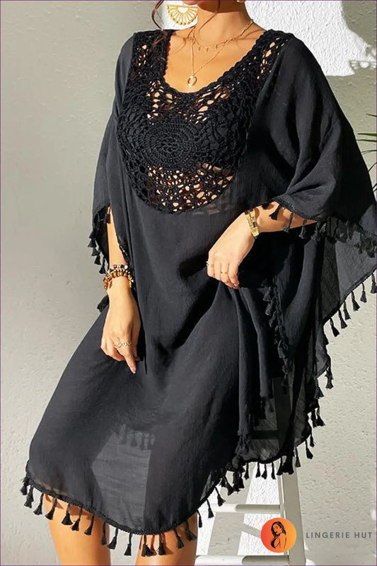 Crochet Kaftan Dress with Tassel Trim - Boho Escape - one Size / Black - Beachwear • Casual • Cover Up • Dresses