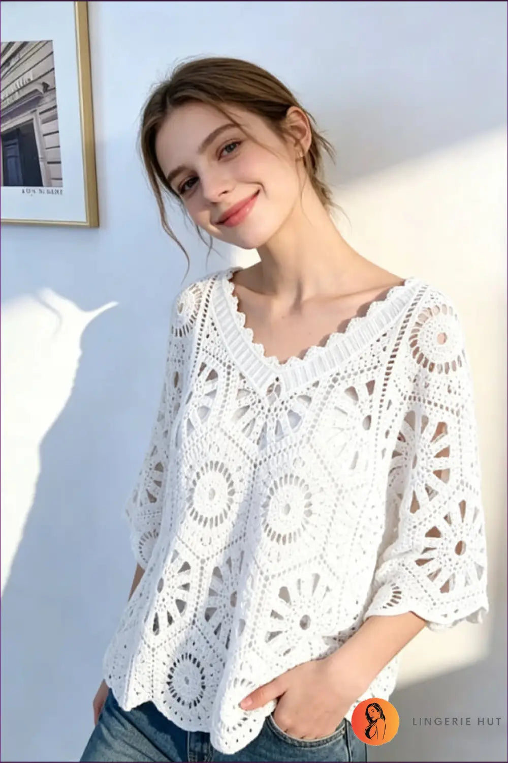 Crochet Lace Top with Scalloped V-neck - Sun-soaked Ease - Reddy