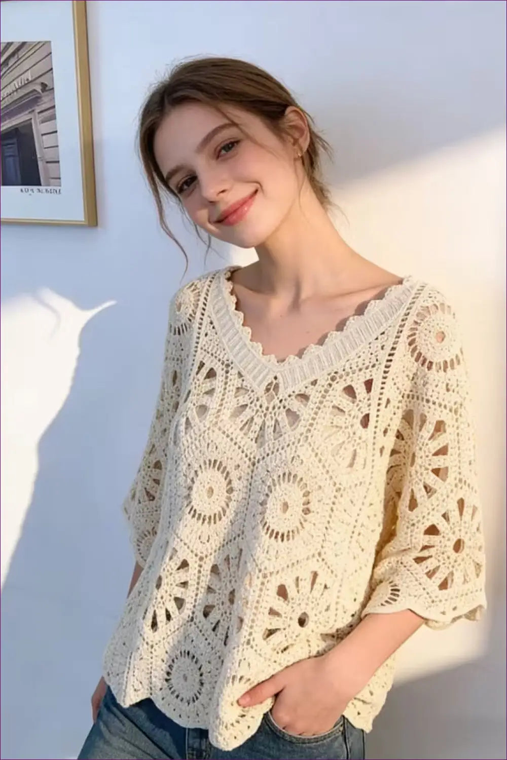 Crochet Lace Top with Scalloped V-neck - Sun-soaked Ease - Reddy