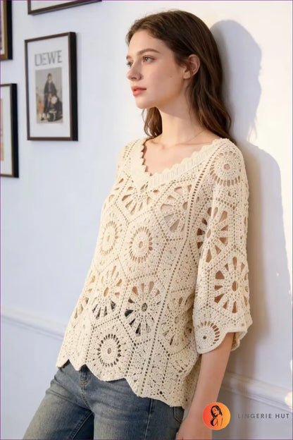 Crochet Lace Top with Scalloped V-neck - Sun-soaked Ease - Reddy