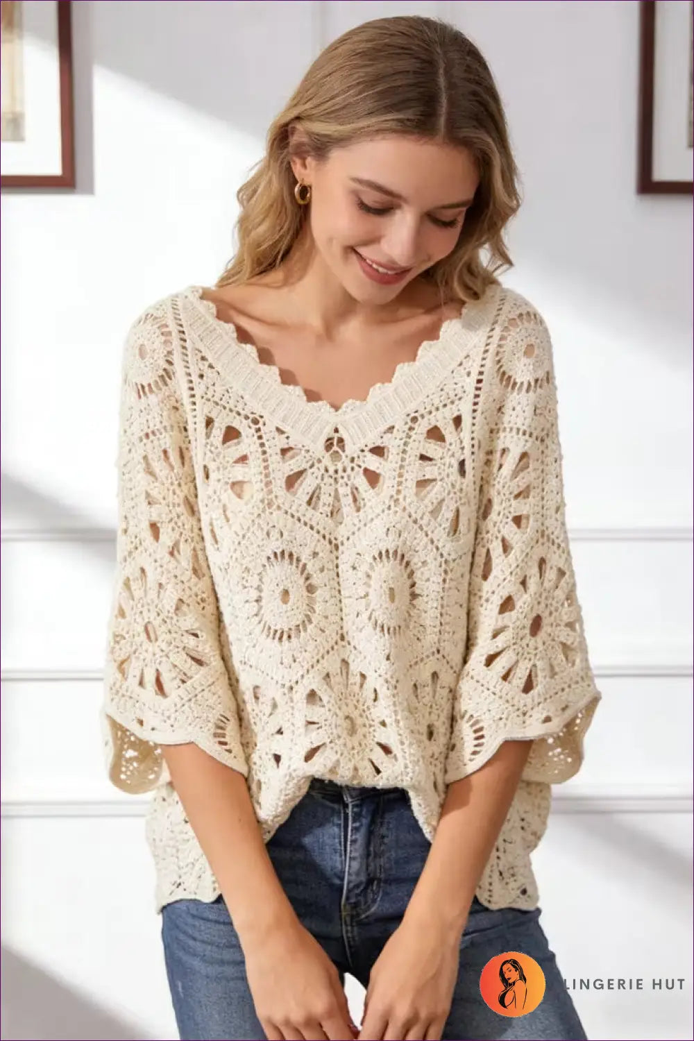 Crochet Lace Top with Scalloped V-neck - Sun-soaked Ease - Reddy