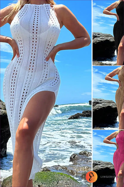 Crochet Maxi Dress with High Slit - Seaside Dreaming for Backless, Beachwear, Boho, Casual, Cover Up