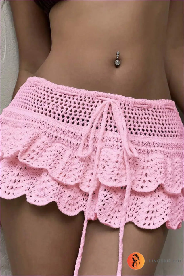 Crochet Mini Skirt with Tie-Front Scallop Hem - Boho Breeze
