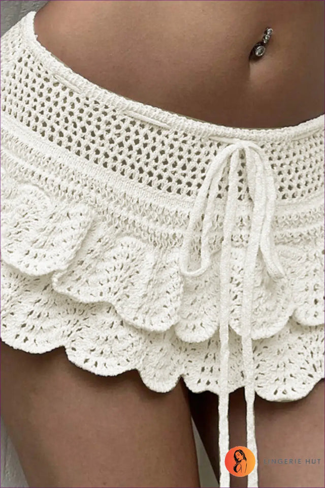 Crochet Mini Skirt with Tie-Front Scallop Hem - Boho Breeze