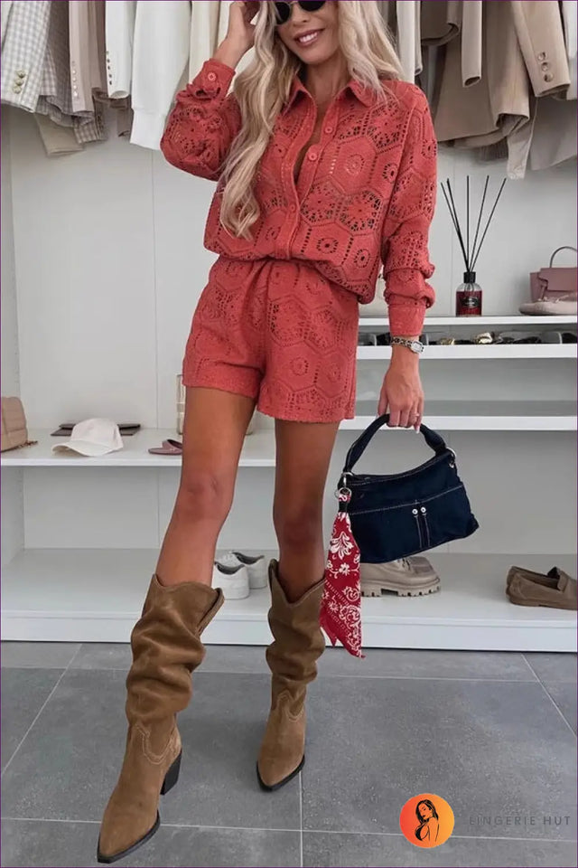 Crochet Co Ord Set with Collared Shirt & Shorts - Holiday Edit