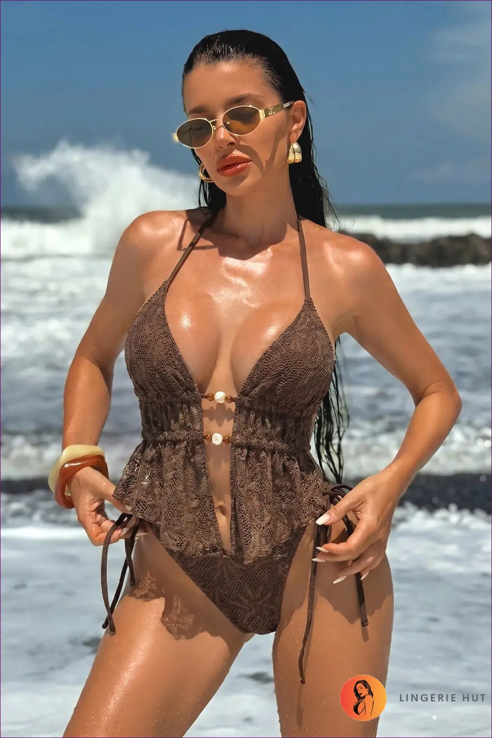Crochet Peplum Bikini with Beaded Lace-up - Sun-bleached Shore - s / Deep Coffee - Beachwear • Boho • Embellished