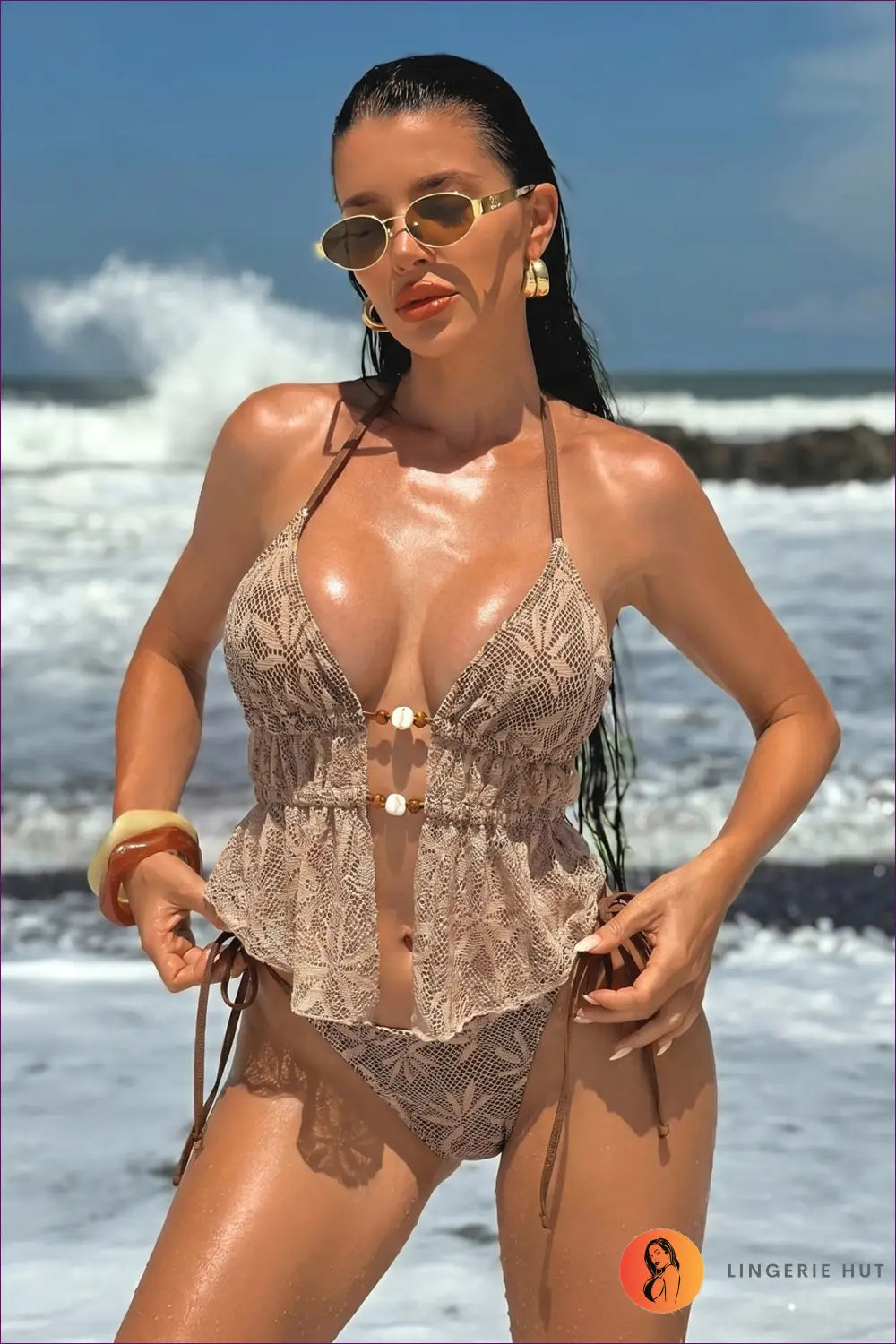 Crochet Peplum Bikini with Beaded Lace-up - Sun-bleached Shore - s / Light Coffee - Beachwear • Boho • Embellished
