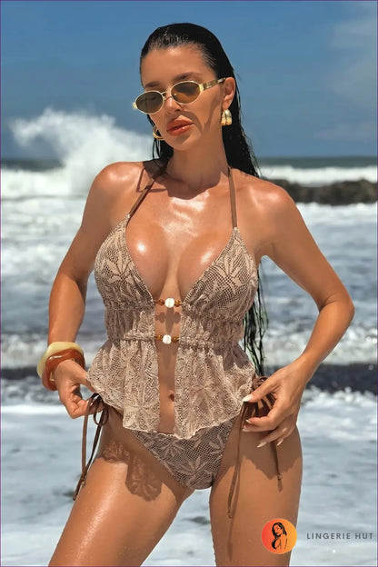 Crochet Peplum Bikini with Beaded Lace-up - Sun-bleached Shore - s / Light Coffee - Beachwear • Boho • Embellished