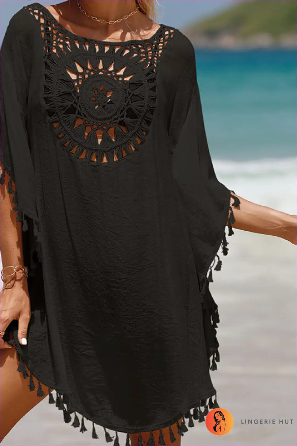 Crochet Tassel Beach Cover Up - Effortless Boho Summer Edit - one Size / Black - Dresses - Lingerie Hut - Beachwear