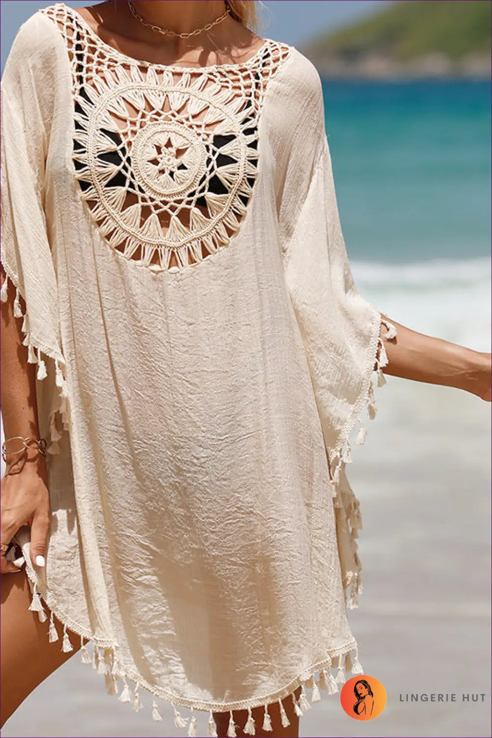Crochet Tassel Beach Cover Up - Effortless Boho Summer Edit - one Size / Apricot - Dresses - Lingerie Hut - Beachwear