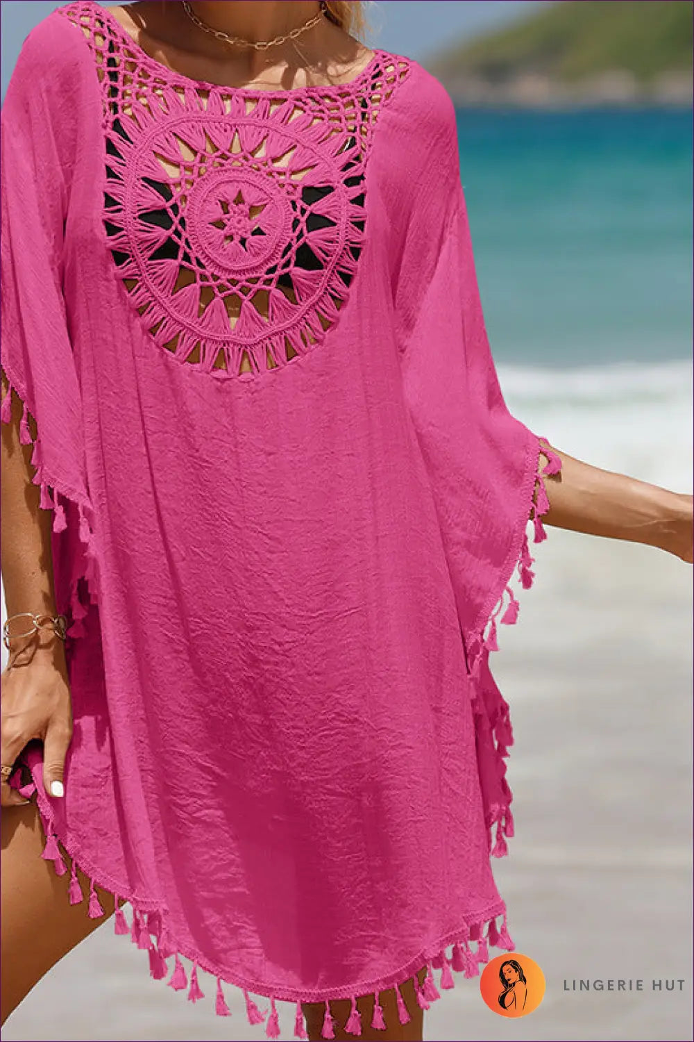 Crochet Tassel Beach Cover Up - Effortless Boho Summer Edit - one Size / Pink - Dresses - Lingerie Hut - Beachwear