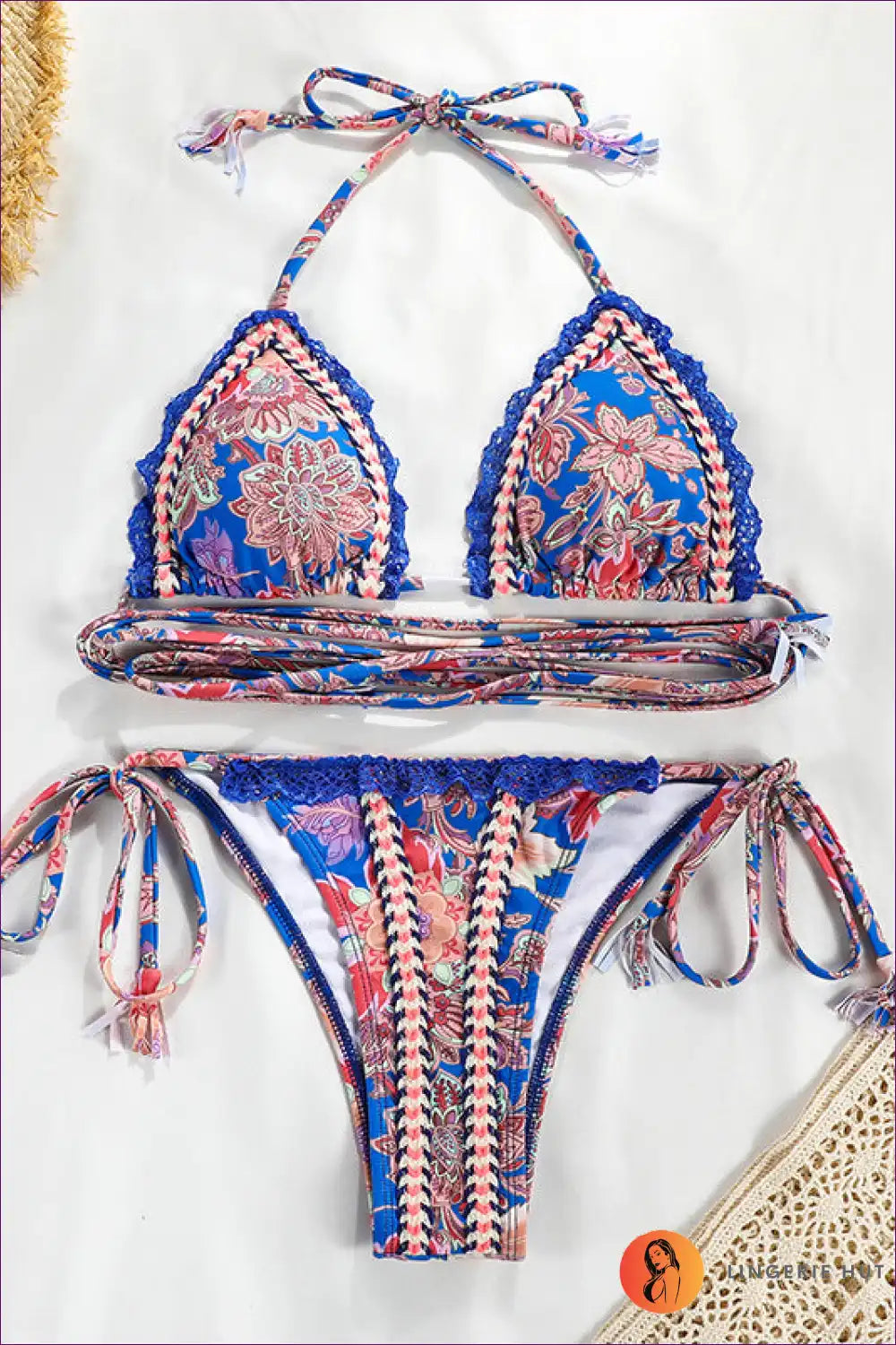 Crochet Trim Bikini Set with Wrap Straps for Pool Parties Beachwear, Bikini, Boho, Casual,