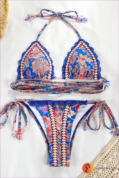 Crochet Trim Bikini Set with Wrap Straps for Pool Parties Beachwear, Bikini, Boho, Casual,