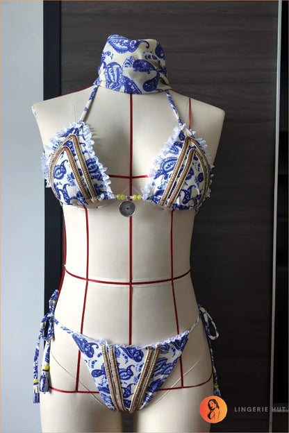 Crochet-trim Paisley Bikini with Coin Charm - Boho Tide - s / Bikini1 - Swimwear - Beachwear • Brazilian • Embellished
