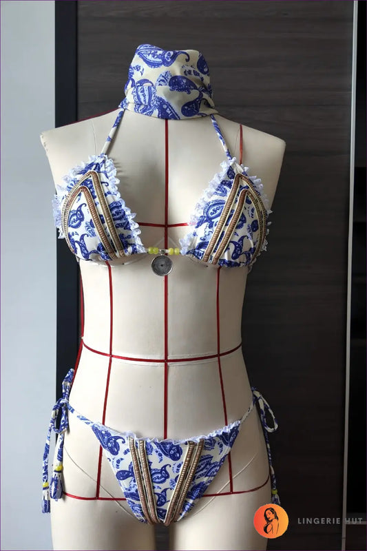 Crochet-trim Paisley Bikini with Coin Charm - Boho Tide - s / Bikini1 - Swimwear - Beachwear • Brazilian • Embellished