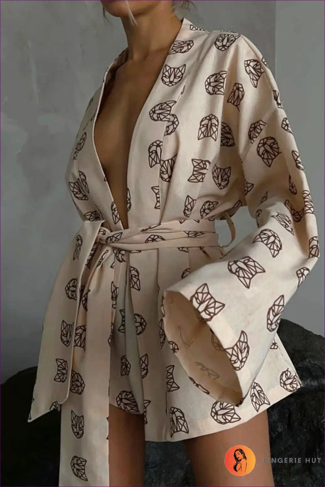 Geometric Print Pyjama With Robe Set