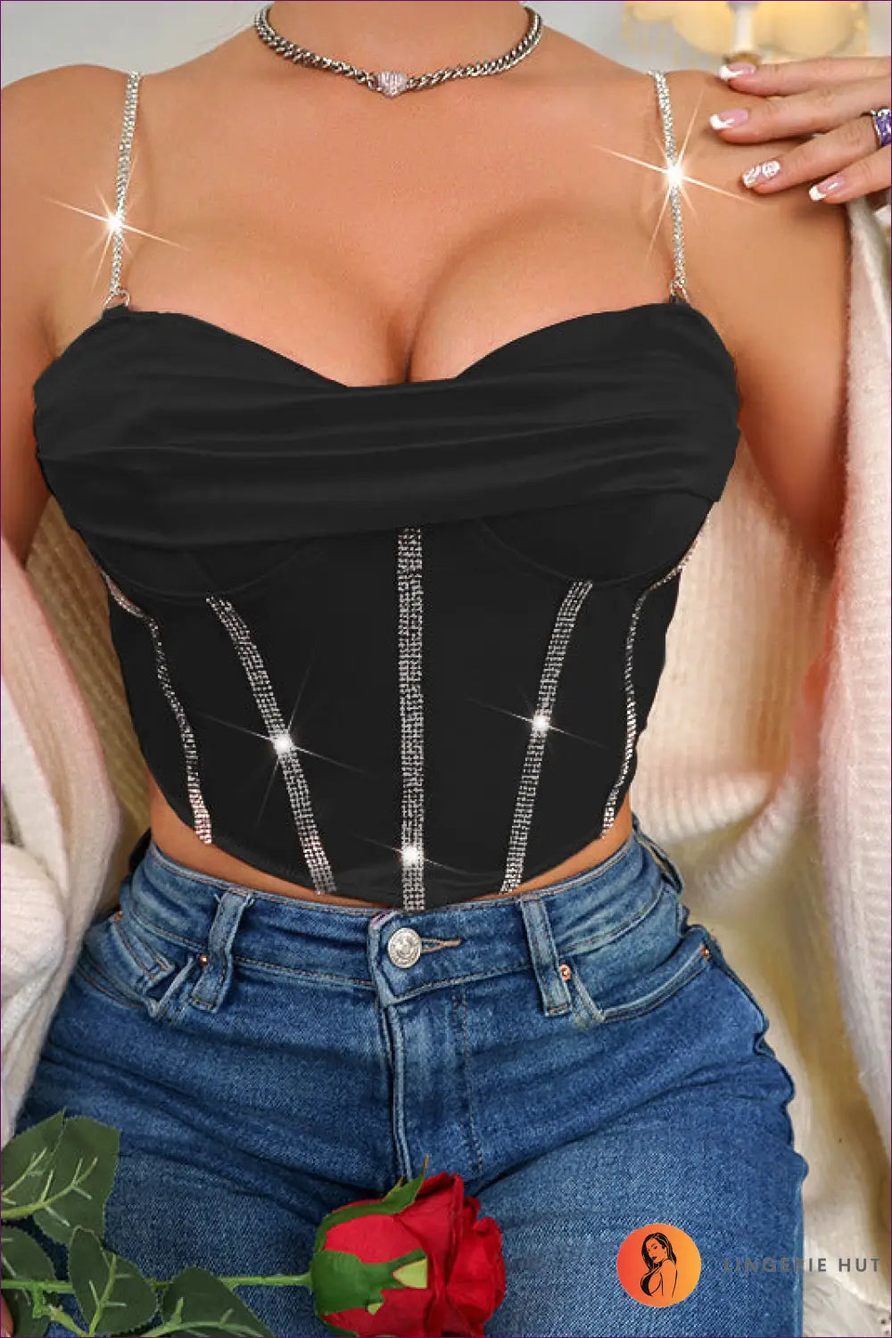 Dazzle In The Crystal Boning Crop Camis - a Fusion Of Sleek Polyester, Boning Structure, And Rhinestone