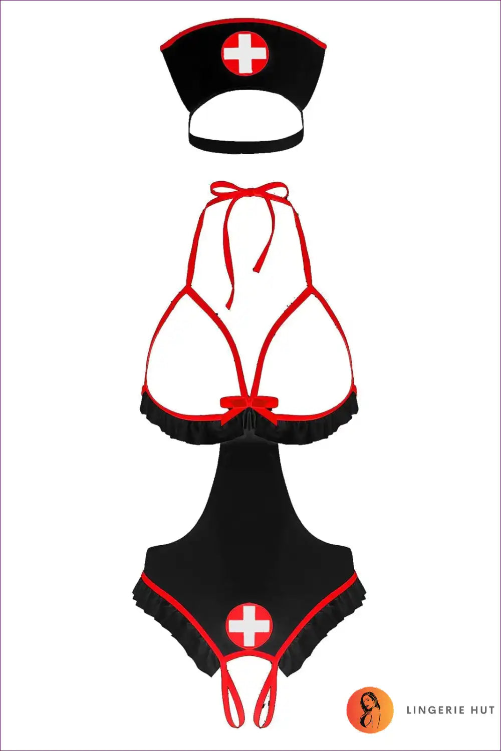 Elevate Your Lingerie Collection With Our Cupless Cut-out Ruffle Nurse Uniform. Featuring Delicate Ruffles,