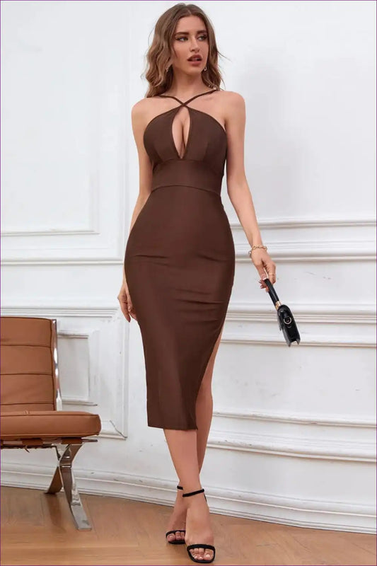 Cut-out Halter Knit Midi Dress with Side Slit - Statement Party for Bodycon, Clubwear, Cutout, Evening Wear,