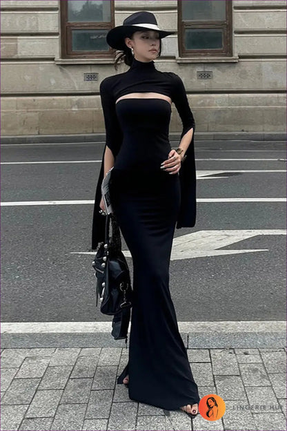 Cut-out Maxi Dress with High Collar - Understated Glamour - s / Black - Dresses - Autumn • Bodycon • Clothing • Cutout