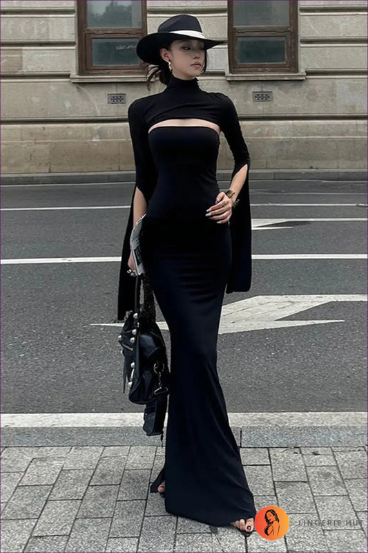 Cut-out Maxi Dress with High Collar - Understated Glamour - s / Black - Dresses - Autumn • Bodycon • Clothing • Cutout