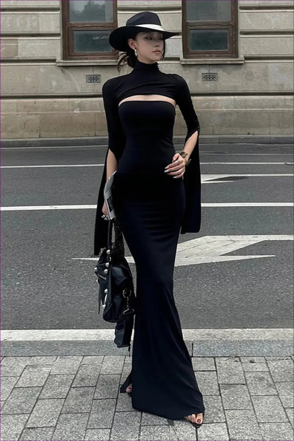 Cut-out Maxi Dress with High Collar - Understated Glamour - Dresses - Autumn • Bodycon • Clothing • Cutout • Lingerie