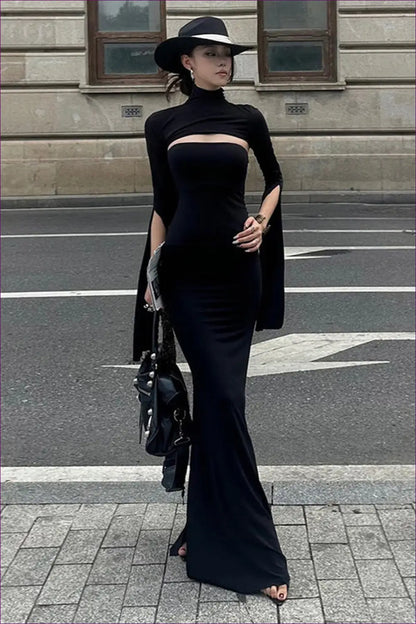 Cut-out Maxi Dress with High Collar - Understated Glamour - Dresses - Autumn • Bodycon • Clothing • Cutout • Lingerie