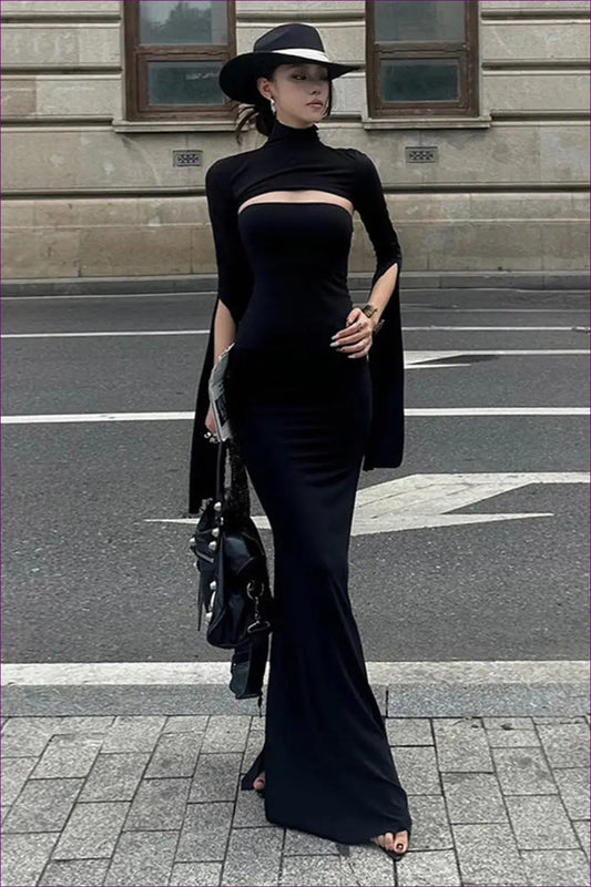 Cut-out Maxi Dress with High Collar - Understated Glamour - Dresses - Autumn • Bodycon • Clothing • Cutout • Lingerie