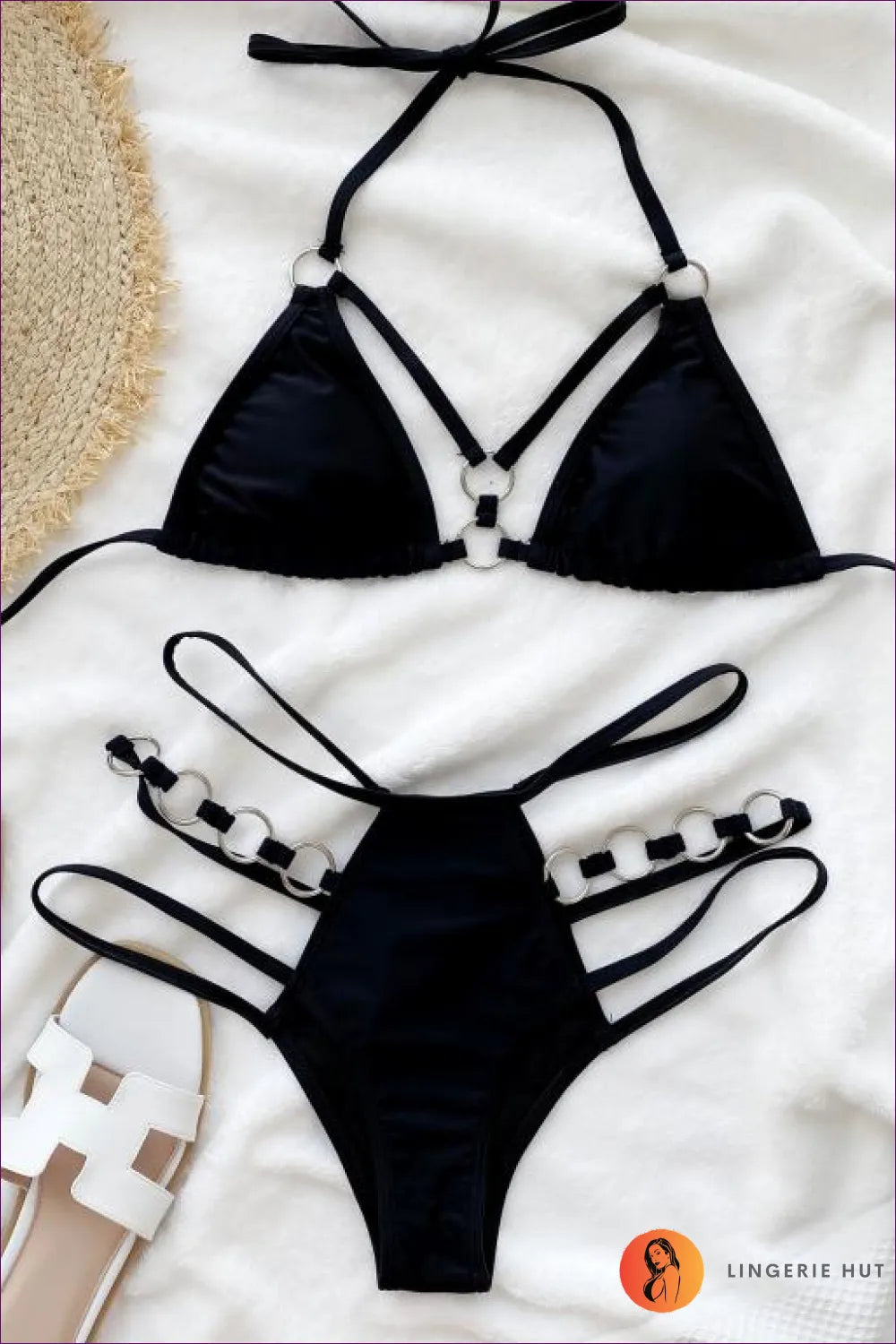 Elevate Your Summer Style With Our Cut-out Halter Ring Detail Harness Bikini. Flirty, Chic,